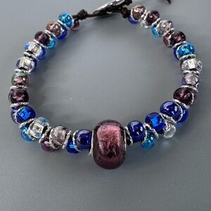 HAND CRAFTED Leather Wrap Beaded Bracelet Blue 7” Purple Glass Focal NWT